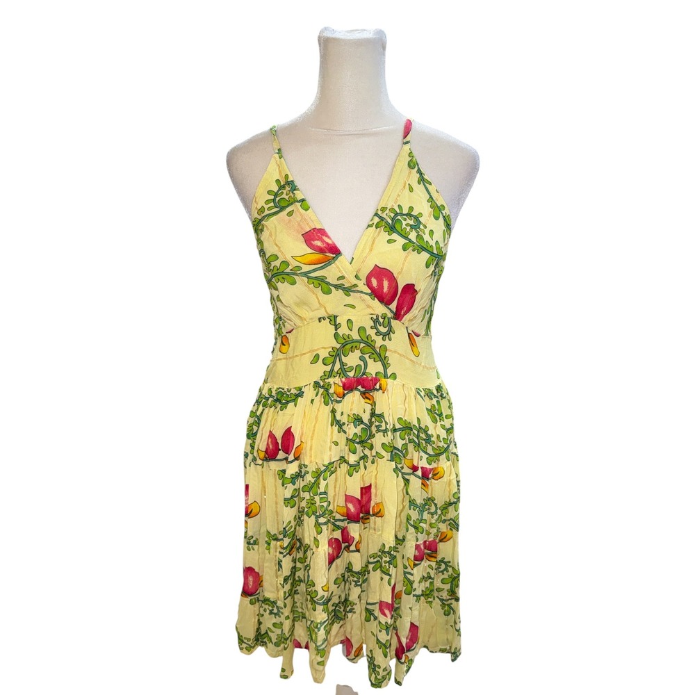 Pineapple Yellow Tropical Floral Rayon Sun Dress Metallic Stripe Free Size Boho
